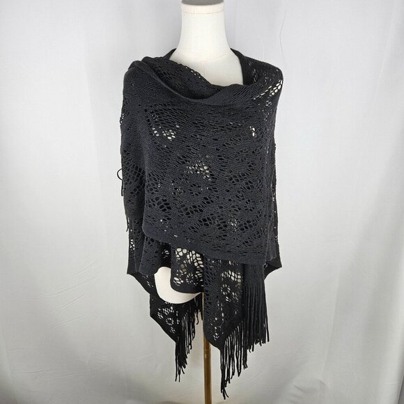 Black Butterfly Shawl Wrap Black Floral Lace Knit Fringe Boho OS - Picture 5 of 8